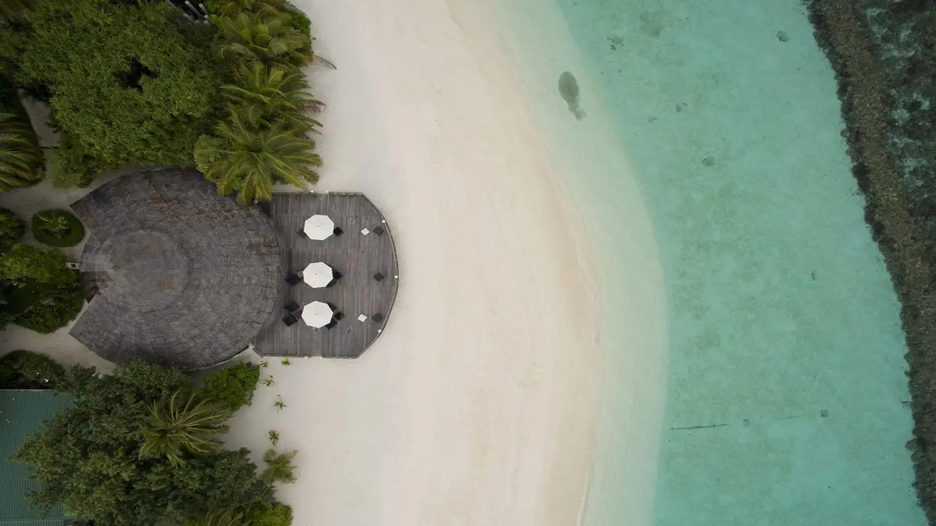 Пляж Angaga Island Resort сверху: круглая соломенная крыша ресторана, терраса с зонтиками, светлая мелкая лагуна и тёмная полоса рифа у края кадра, атолл Ари