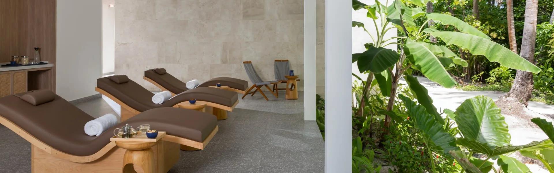 Зона отдыха AvaniSpa в Авани Фарес: лежаки у стеклянной стены в тропический сад