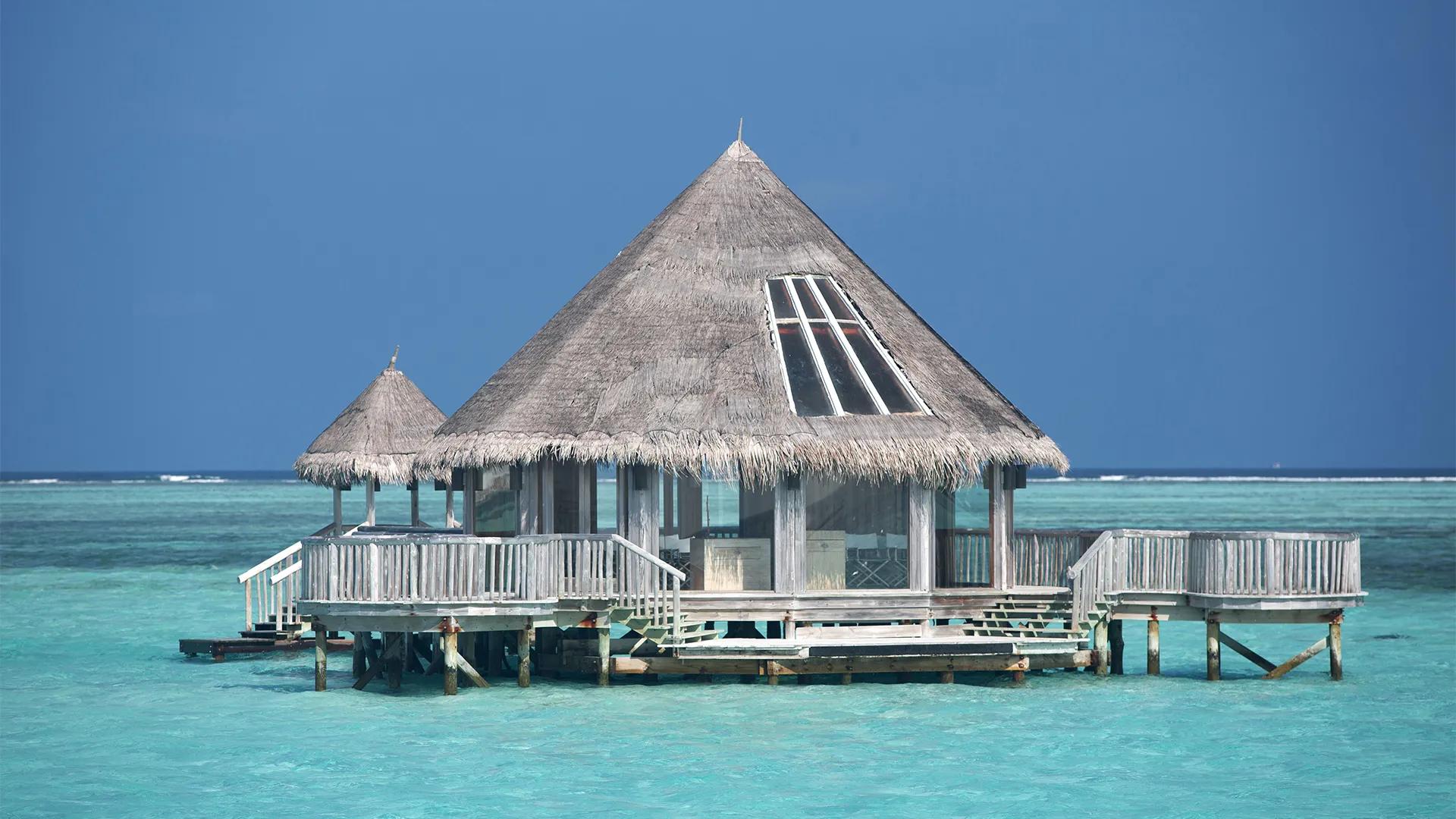 Вилла на сваях с соломенной крышей в Gili Lankanfushi: терраса и ступени в бирюзовую лагуну, атолл Каафу