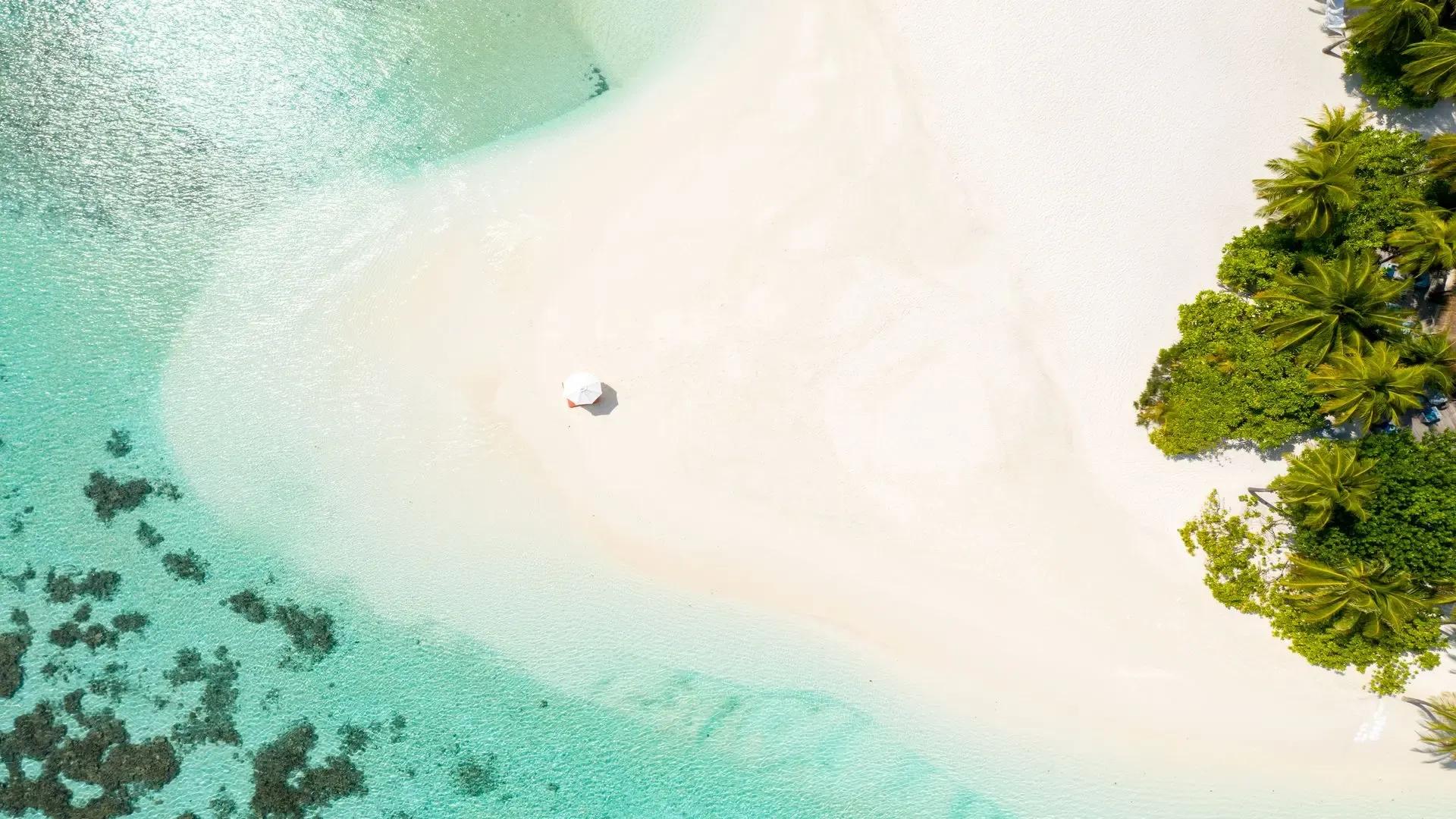 Безлюдная песчаная коса V Villas Maldives at Mirihi с высоты, один зонт на песке, атолл Ари
