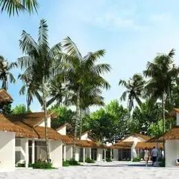 Beach Villa в Бандосе снаружи: тростниковые крыши среди пальм у песка