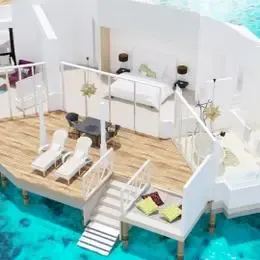 План Over Water Suite: гостиная, спальня и палуба со ступенями в лагуну