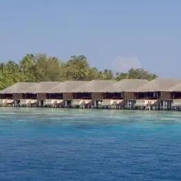 Ряд Water Villa на Коко Боду Хити на сваях вдоль зелёного берега